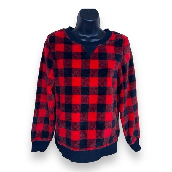 XS RED BLACK PLAID FLEECE SWEATER SWEATSHIRT LONG SLEEVE SOFT HOLIDAY FESTIVE - Picture 1 of 11